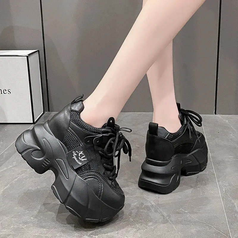 9.5CM New Platform Shoes for Women Mesh Breathable Chunky Sneakers High Platform White Tennis Shoes Increase Casual Sport Shoes