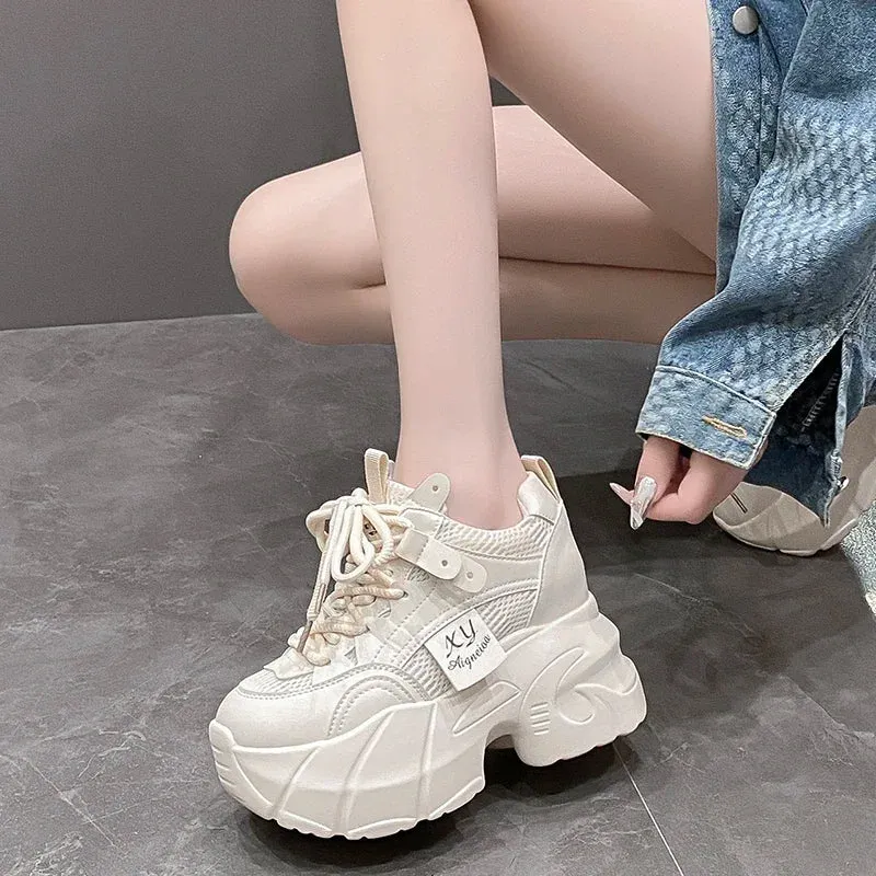 9.5CM New Platform Shoes for Women Mesh Breathable Chunky Sneakers High Platform White Tennis Shoes Increase Casual Sport Shoes