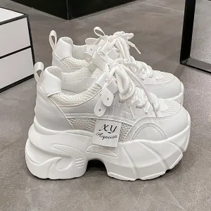 9.5CM New Platform Shoes for Women Mesh Breathable Chunky Sneakers High Platform White Tennis Shoes Increase Casual Sport Shoes
