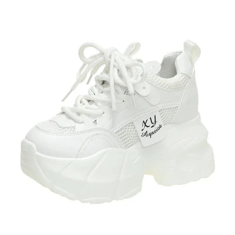 9.5CM New Platform Shoes for Women Mesh Breathable Chunky Sneakers High Platform White Tennis Shoes Increase Casual Sport Shoes
