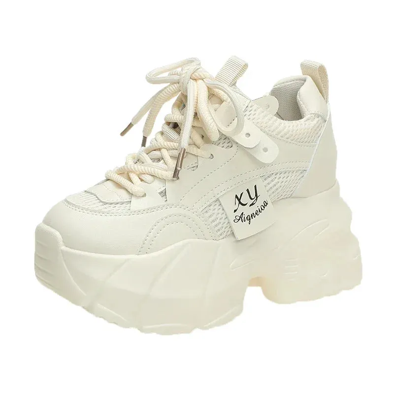 9.5CM New Platform Shoes for Women Mesh Breathable Chunky Sneakers High Platform White Tennis Shoes Increase Casual Sport Shoes