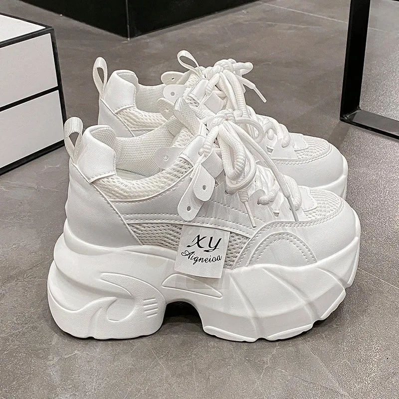 9.5CM New Platform Shoes for Women Mesh Breathable Chunky Sneakers High Platform White Tennis Shoes Increase Casual Sport Shoes