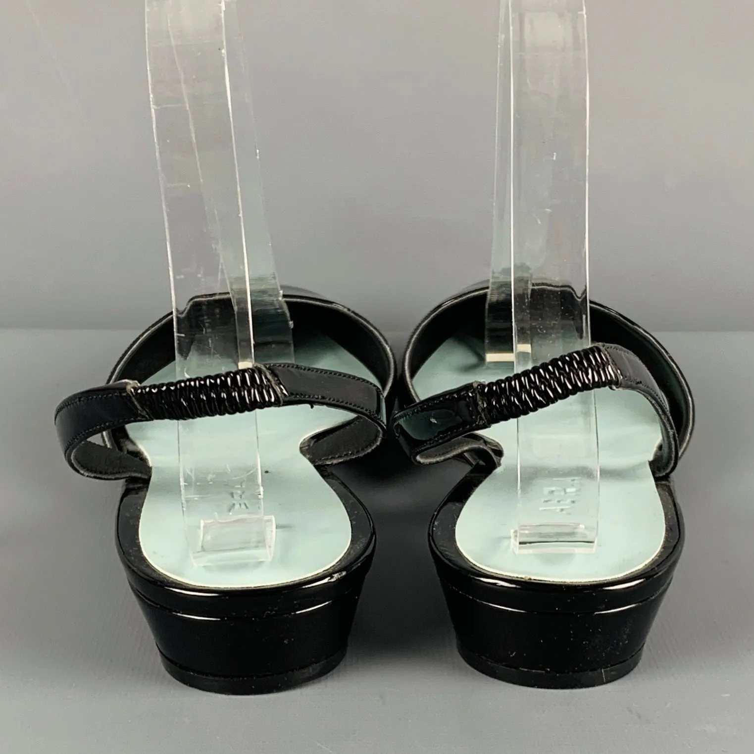 AERA Size 10.5 Black Faux Patent Leather Ankle Strap Flats