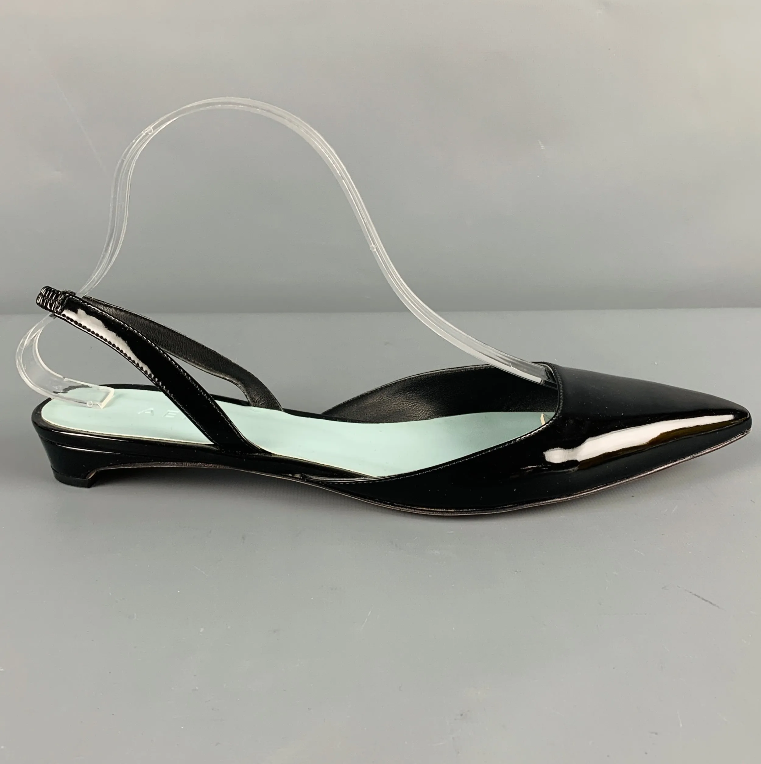 AERA Size 10.5 Black Faux Patent Leather Ankle Strap Flats