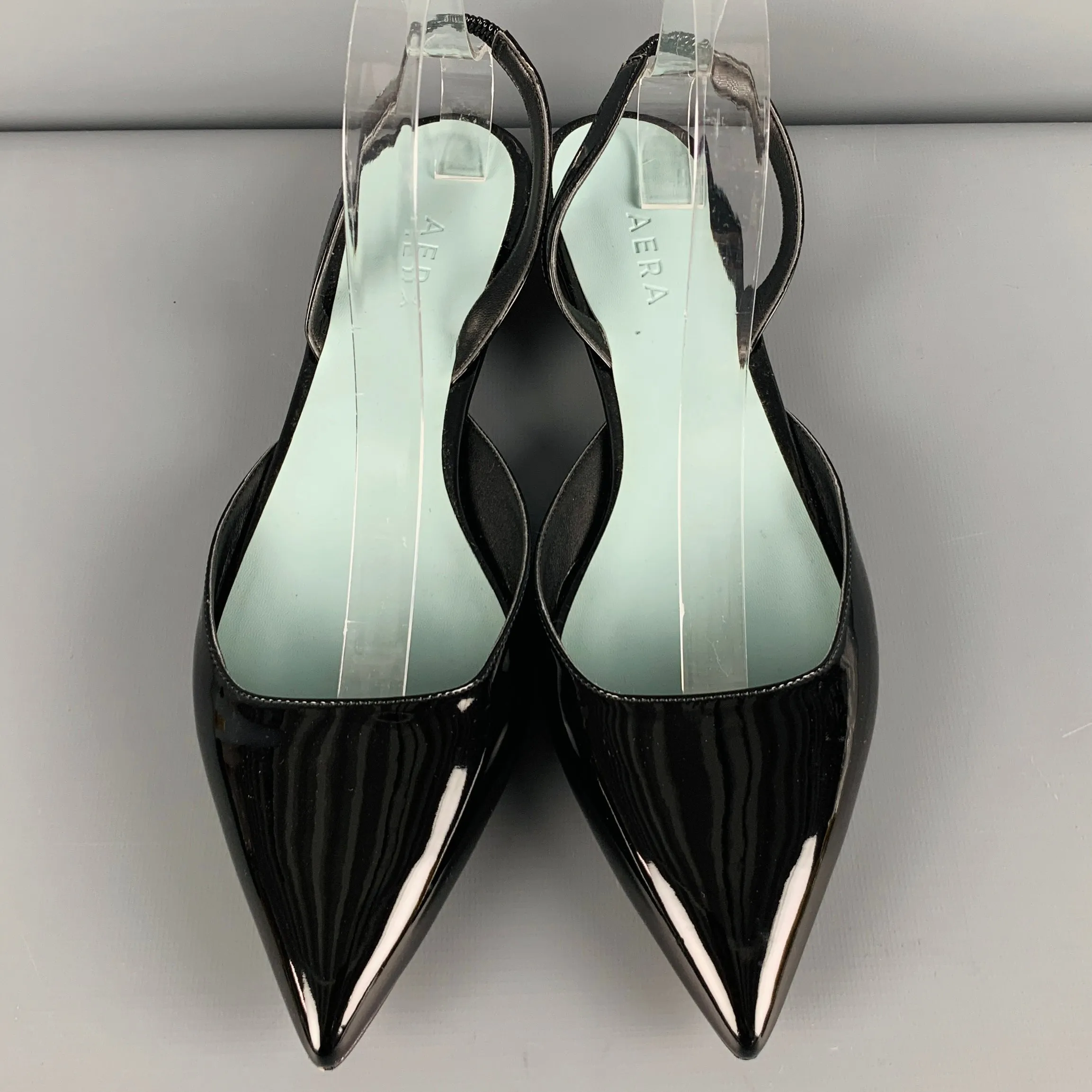AERA Size 10.5 Black Faux Patent Leather Ankle Strap Flats