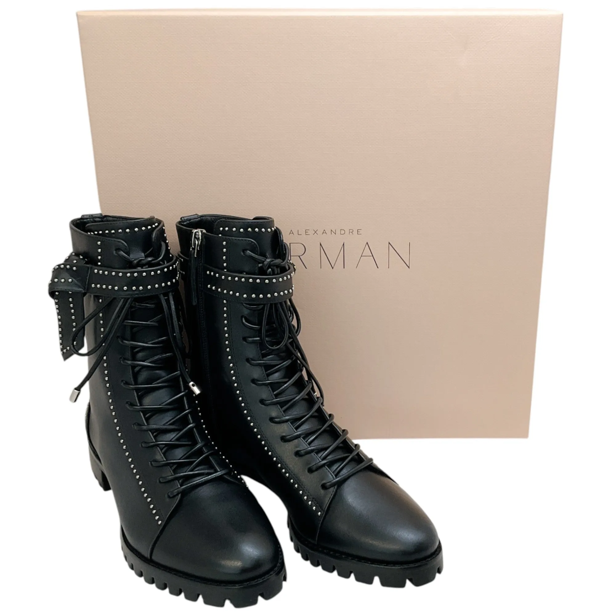 Alexandre Birman Black Studded Lace Up Evelyn Flat Boots