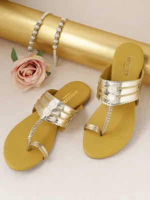 Anouk Women Gold-Toned Braided One Toe Flats