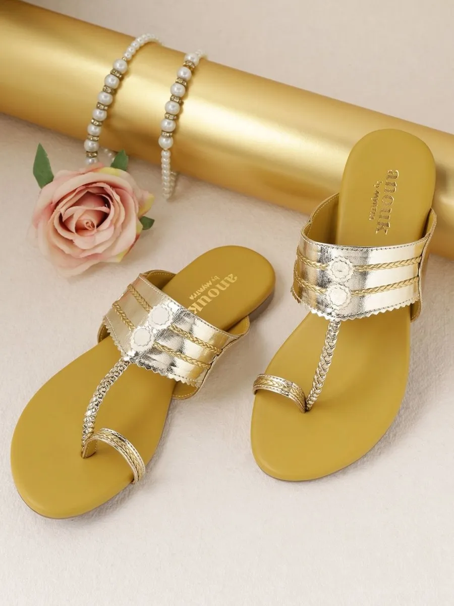 Anouk Women Gold-Toned Braided One Toe Flats