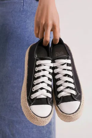 Beast Fashion Lace Up Woven Espadrille Sole Sneakers In Black