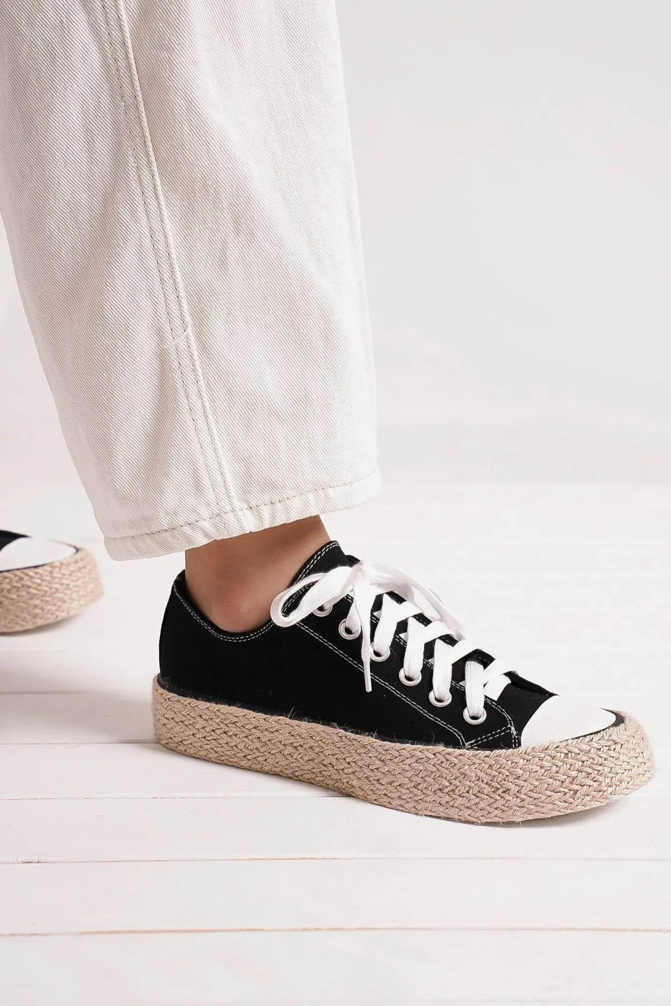 Beast Fashion Lace Up Woven Espadrille Sole Sneakers In Black