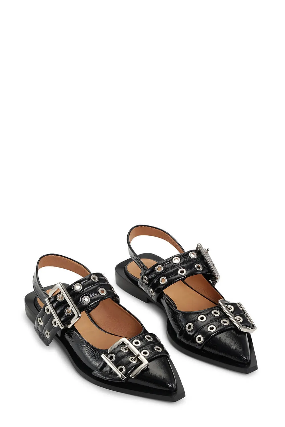 Buckle Pointed Toe Slingback Flats - Black