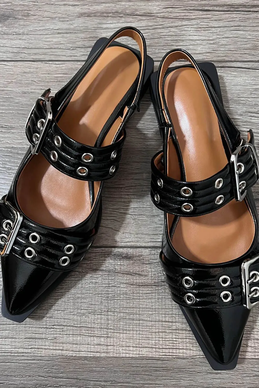 Buckle Pointed Toe Slingback Flats - Black