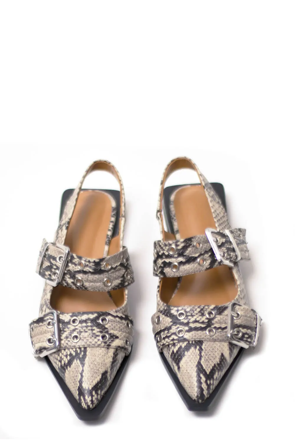 Buckle Pointed Toe Slingback Flats - Snake Print