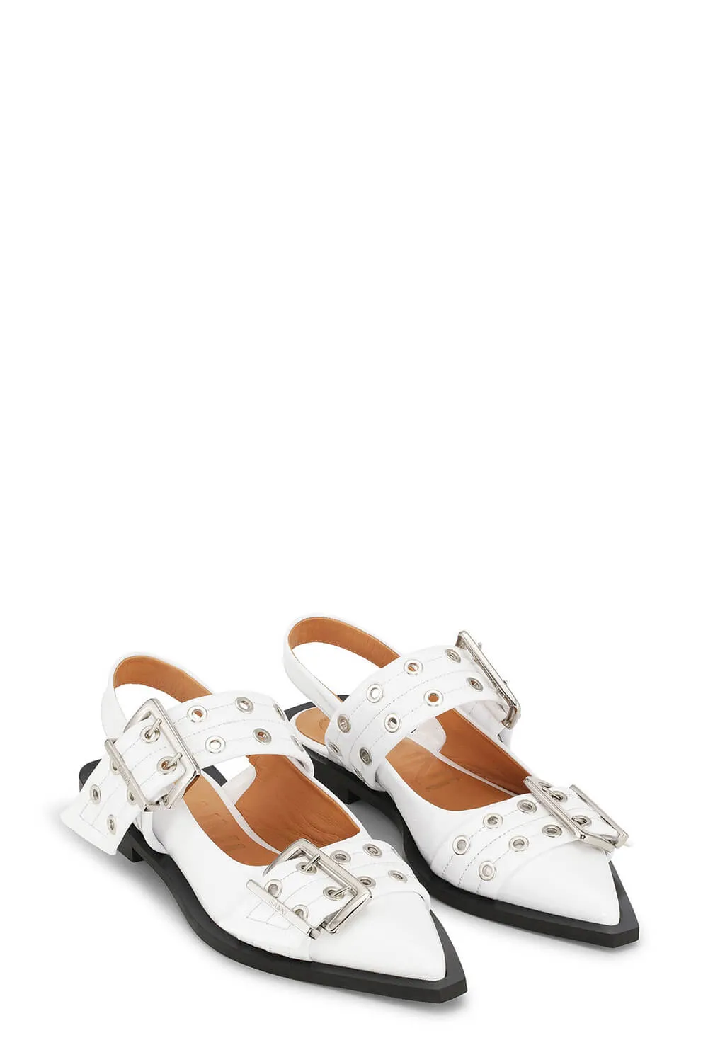 Buckle Pointed Toe Slingback Flats - White