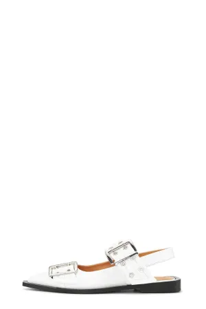 Buckle Pointed Toe Slingback Flats - White