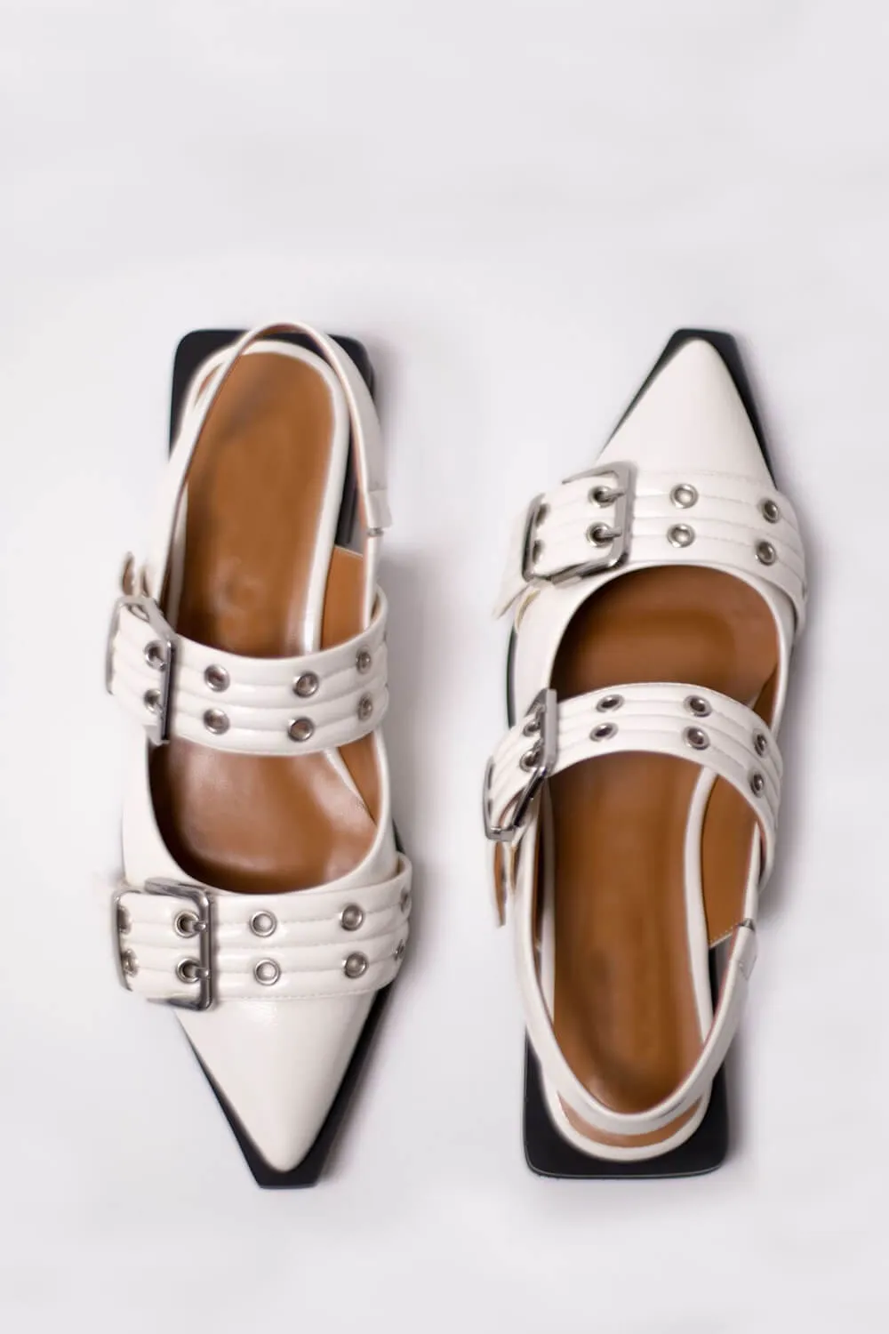 Buckle Pointed Toe Slingback Flats - White