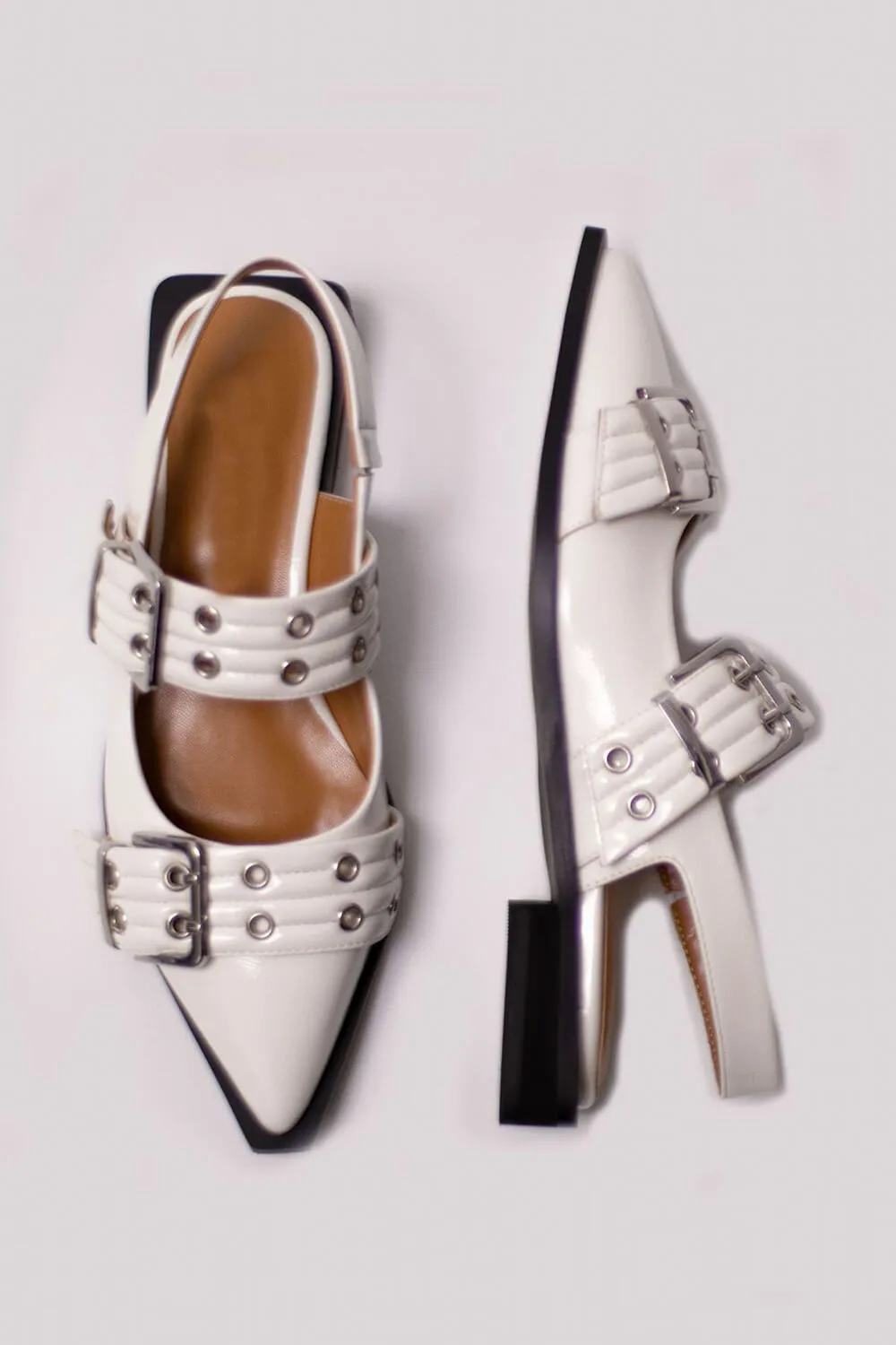 Buckle Pointed Toe Slingback Flats - White