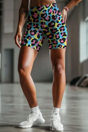 Chica Bomb Karen Blue Leopard Print Athletic Yoga Biker Shorts - Women