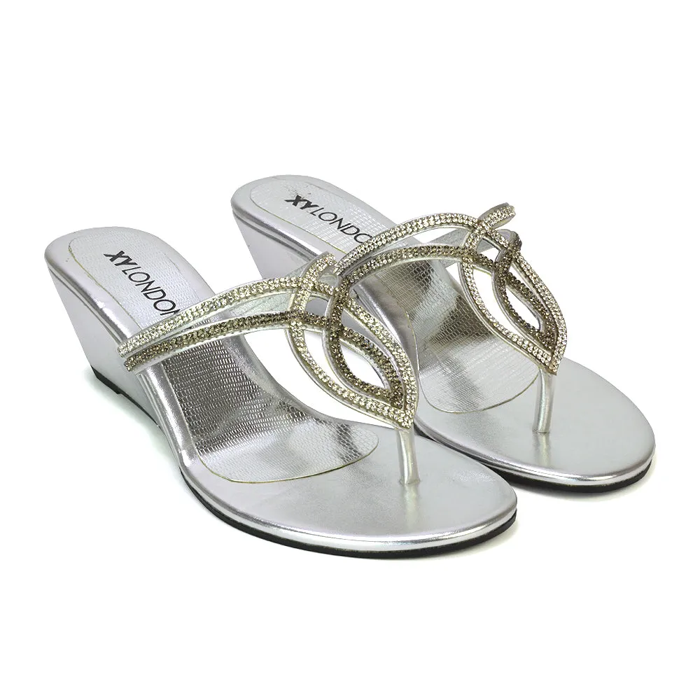 CLARISSA DIAMANTE EMBELLISHED TOE POST DAINTY FRONT STRAP WEDGE SANDALS HEELS IN SILVER