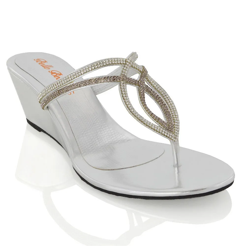 CLARISSA DIAMANTE EMBELLISHED TOE POST DAINTY FRONT STRAP WEDGE SANDALS HEELS IN SILVER