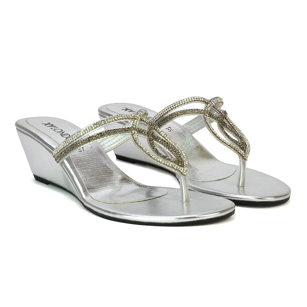 CLARISSA DIAMANTE EMBELLISHED TOE POST DAINTY FRONT STRAP WEDGE SANDALS HEELS IN SILVER