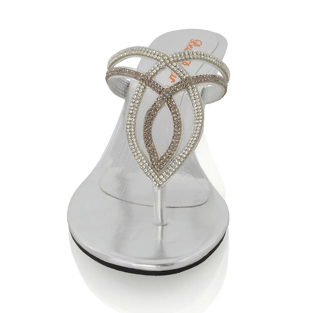 CLARISSA DIAMANTE EMBELLISHED TOE POST DAINTY FRONT STRAP WEDGE SANDALS HEELS IN SILVER
