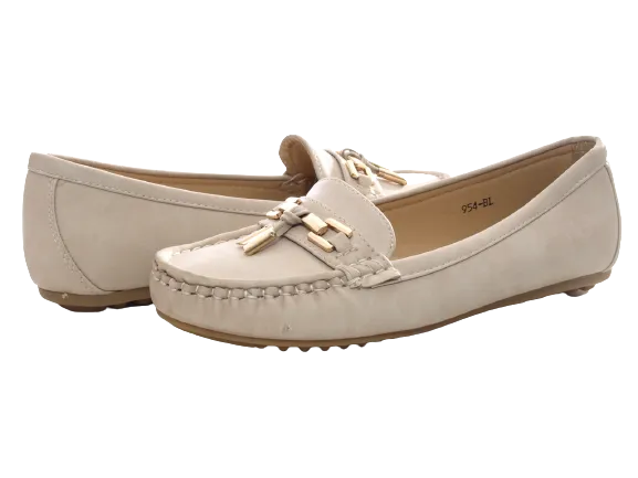 Damen Slipper Halbschuhe Ballerina Loafer Mokassins Slip On Flats Freizeit Beige # 954