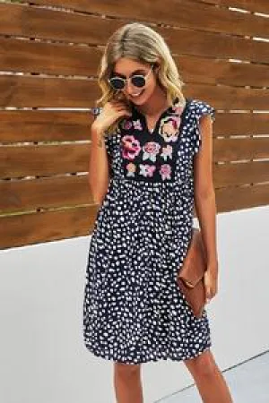 Embroidered Floral Polka Dot Dress