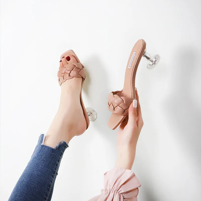Fashion Woven Sandals Transparent Square Toe Open Toe High Heels