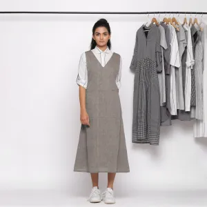 Grey Handspun Cotton V-Neck Pinafore Midi Dress