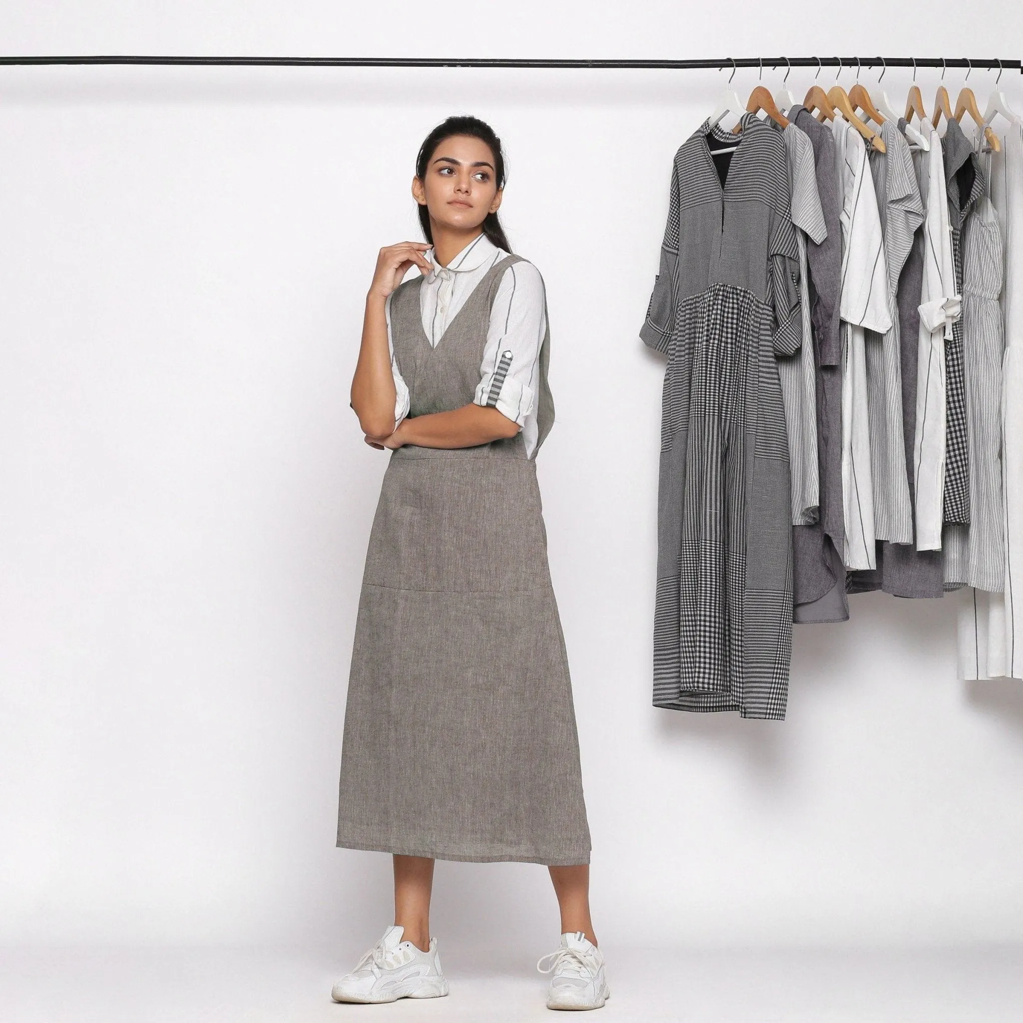 Grey Handspun Cotton V-Neck Pinafore Midi Dress