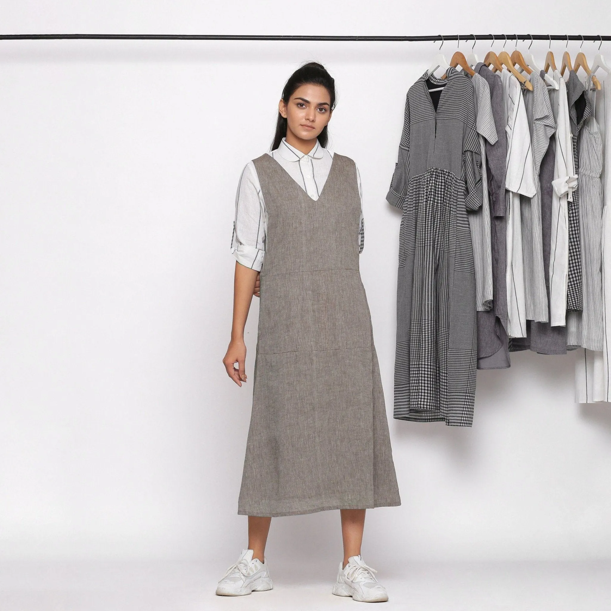 Grey Handspun Cotton V-Neck Pinafore Midi Dress