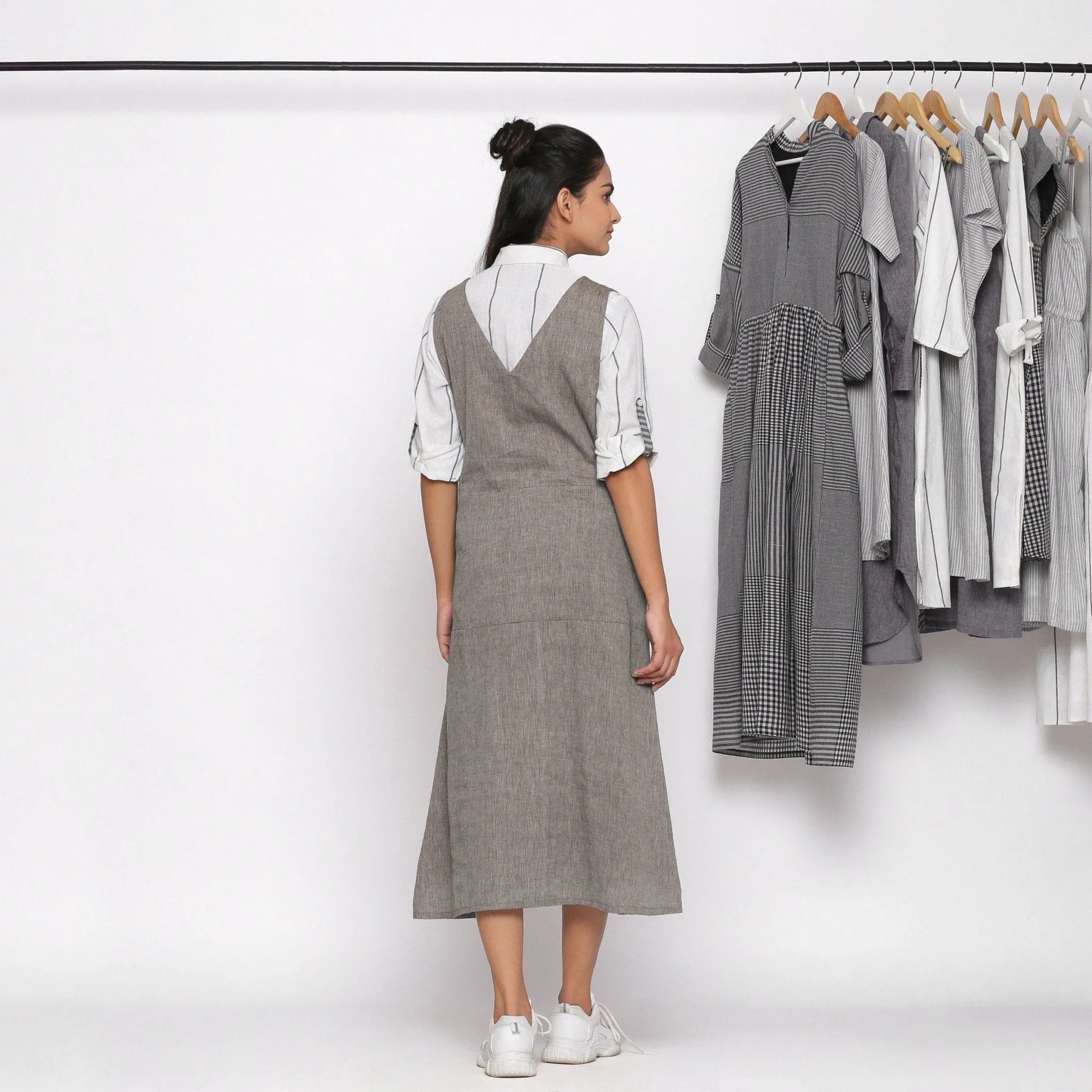Grey Handspun Cotton V-Neck Pinafore Midi Dress