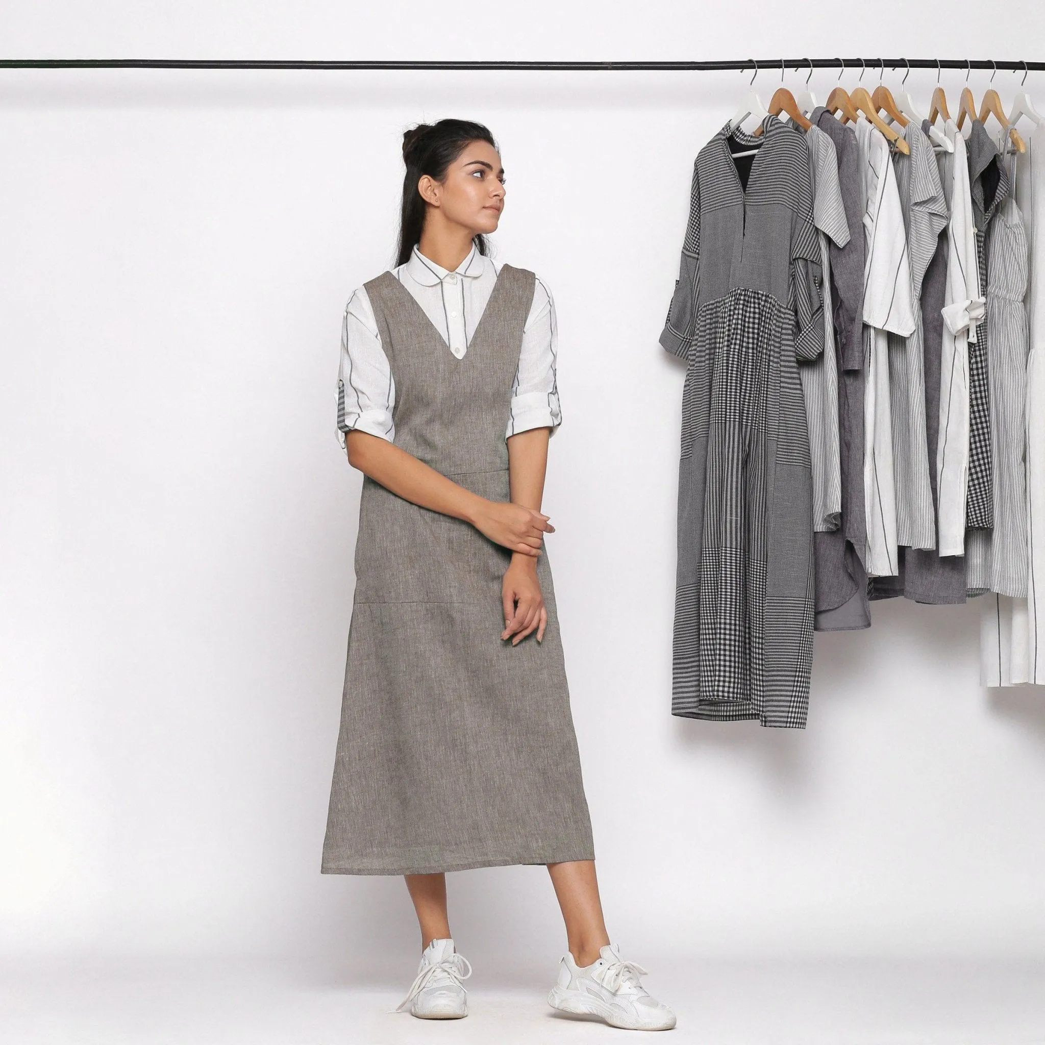 Grey Handspun Cotton V-Neck Pinafore Midi Dress
