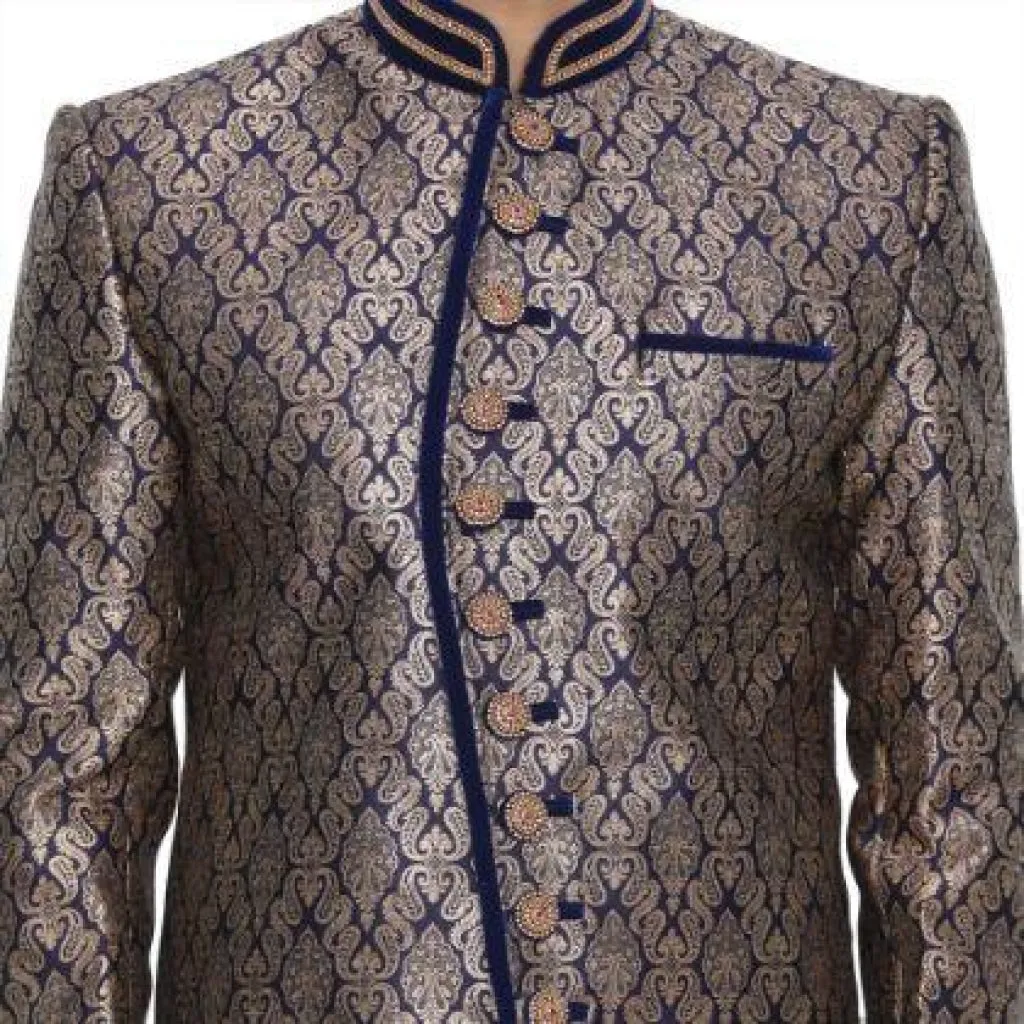 Jashvi Men's Blue Cotton Silk Blend Sherwani Set