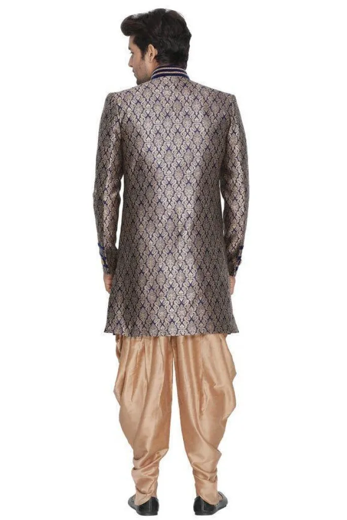 Jashvi Men's Blue Cotton Silk Blend Sherwani Set