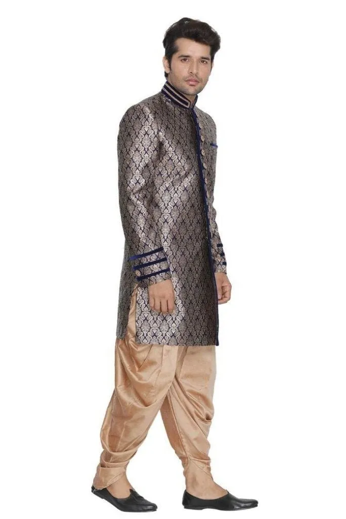 Jashvi Men's Blue Cotton Silk Blend Sherwani Set