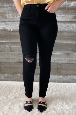 Judy Blue Black Skinny Jeans with Heavy Distressing and Raw Hem