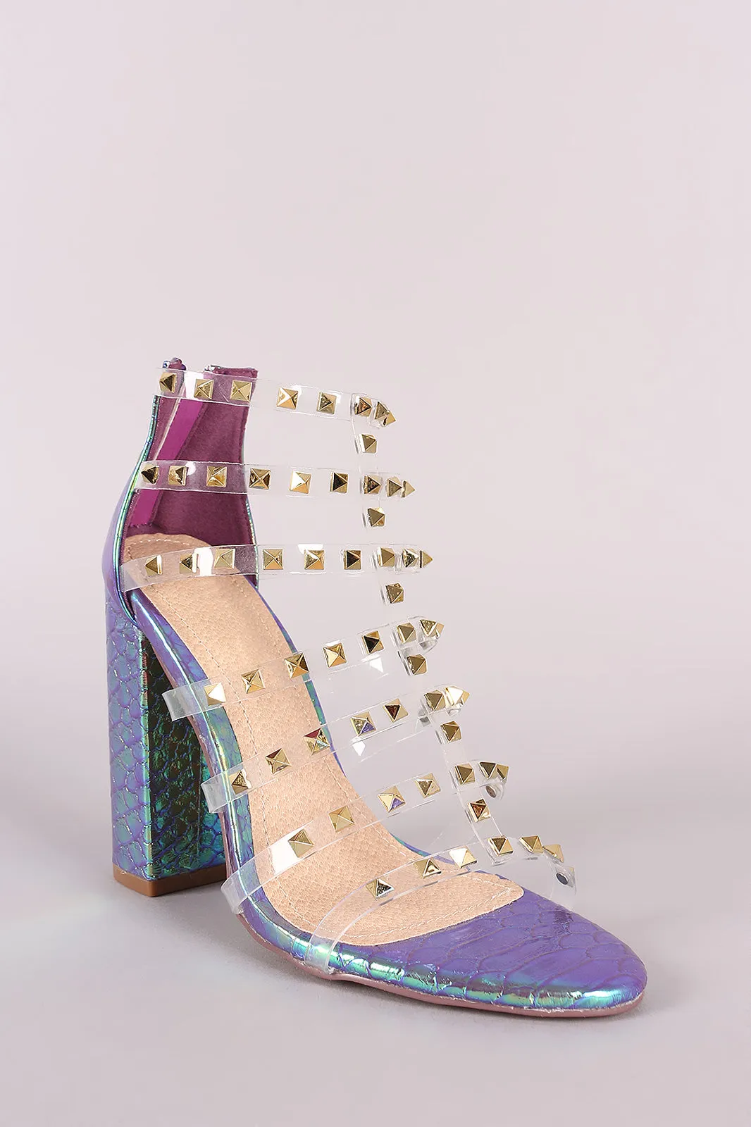 Liliana Clear Studded Straps Holographic Chunky Heel