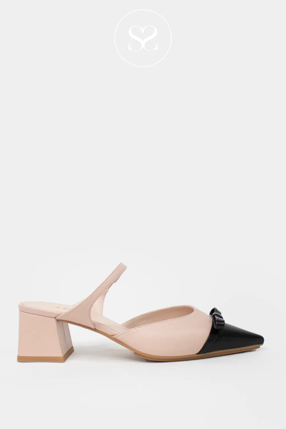LODI CHURE NUDE/BLACK LEATHER POINTED TOE BLOCK HEEL SHOES
