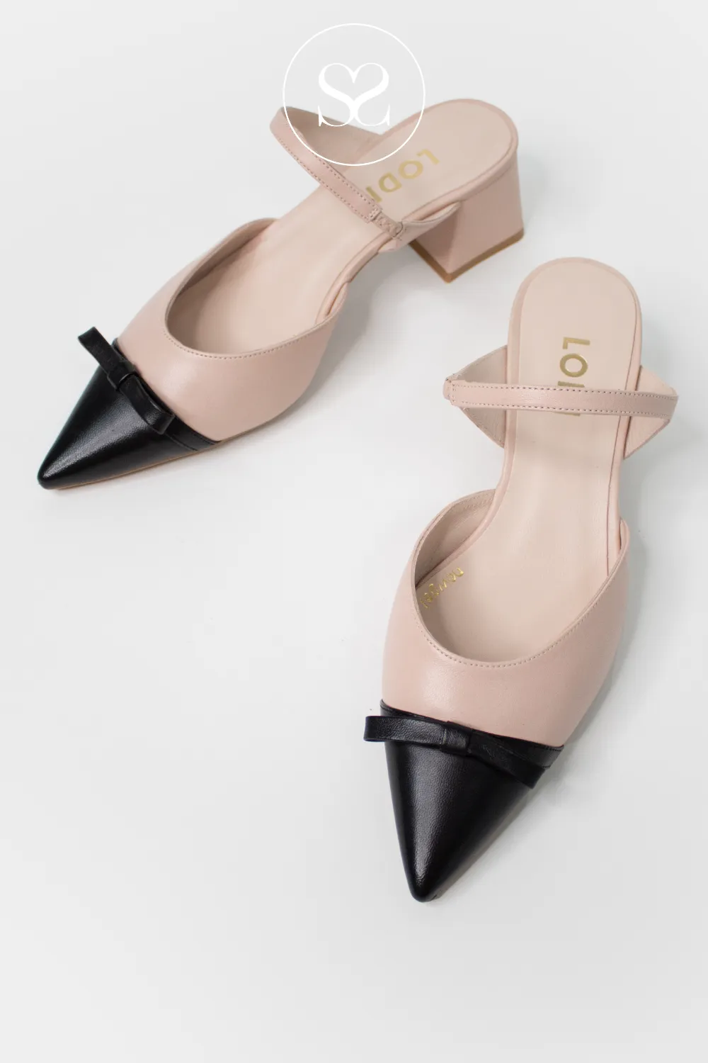 LODI CHURE NUDE/BLACK LEATHER POINTED TOE BLOCK HEEL SHOES