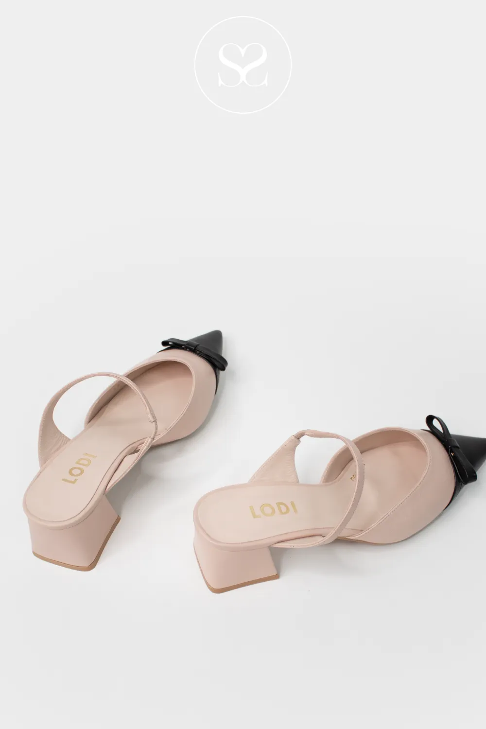LODI CHURE NUDE/BLACK LEATHER POINTED TOE BLOCK HEEL SHOES