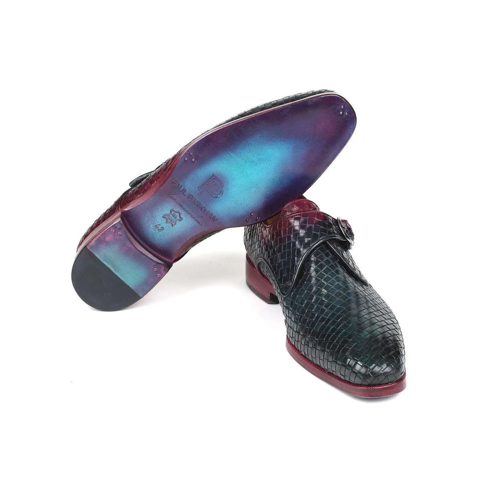 Paul Parkman Handmade Designer Shoes Men's Purple & Green Woven Calf-skin Leather Monkstraps Loafers 011WN28 (PM5908)