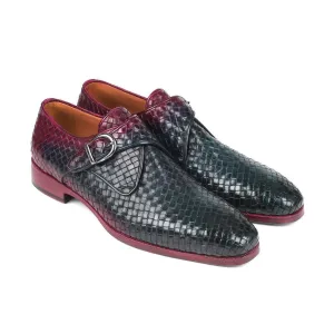 Paul Parkman Handmade Designer Shoes Men's Purple & Green Woven Calf-skin Leather Monkstraps Loafers 011WN28 (PM5908)
