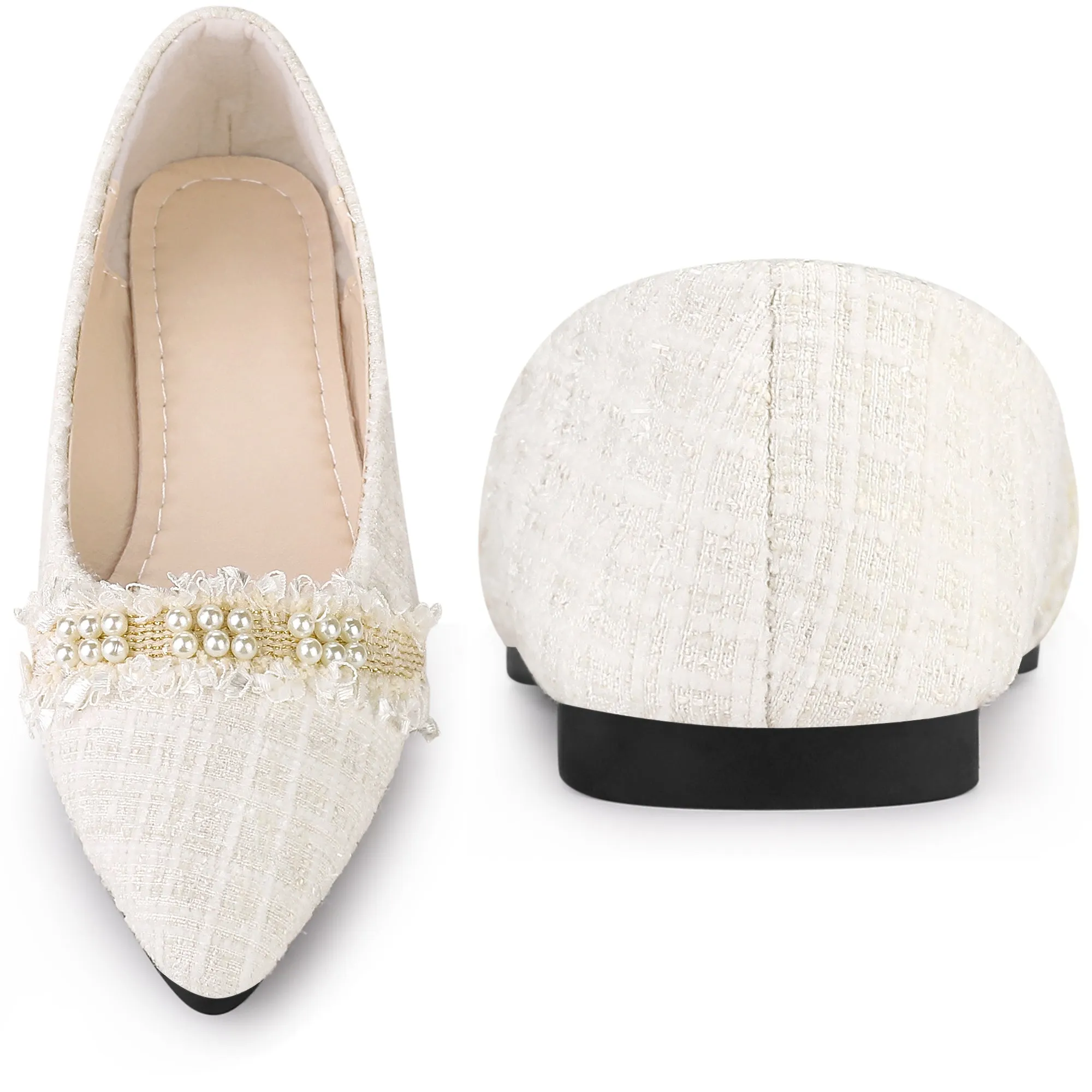Pearl Decor Pointy Toe Tweed Plaid Flat Pumps for Women