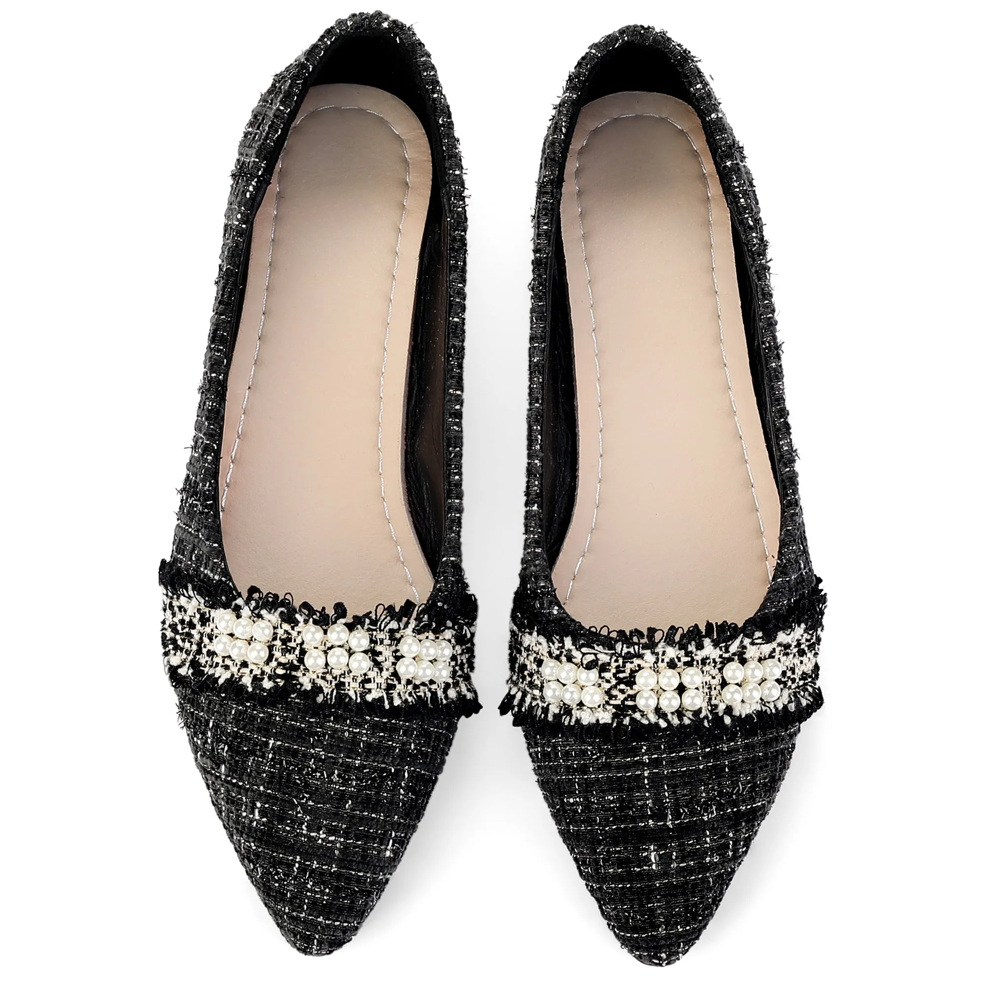 Pearl Decor Pointy Toe Tweed Plaid Flat Pumps for Women