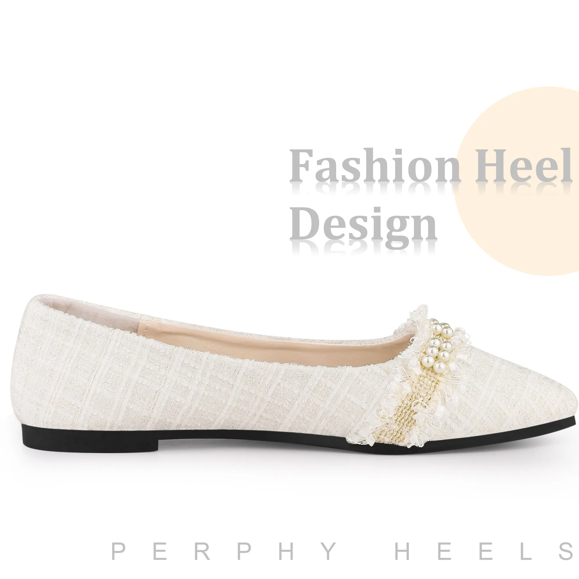 Pearl Decor Pointy Toe Tweed Plaid Flat Pumps for Women