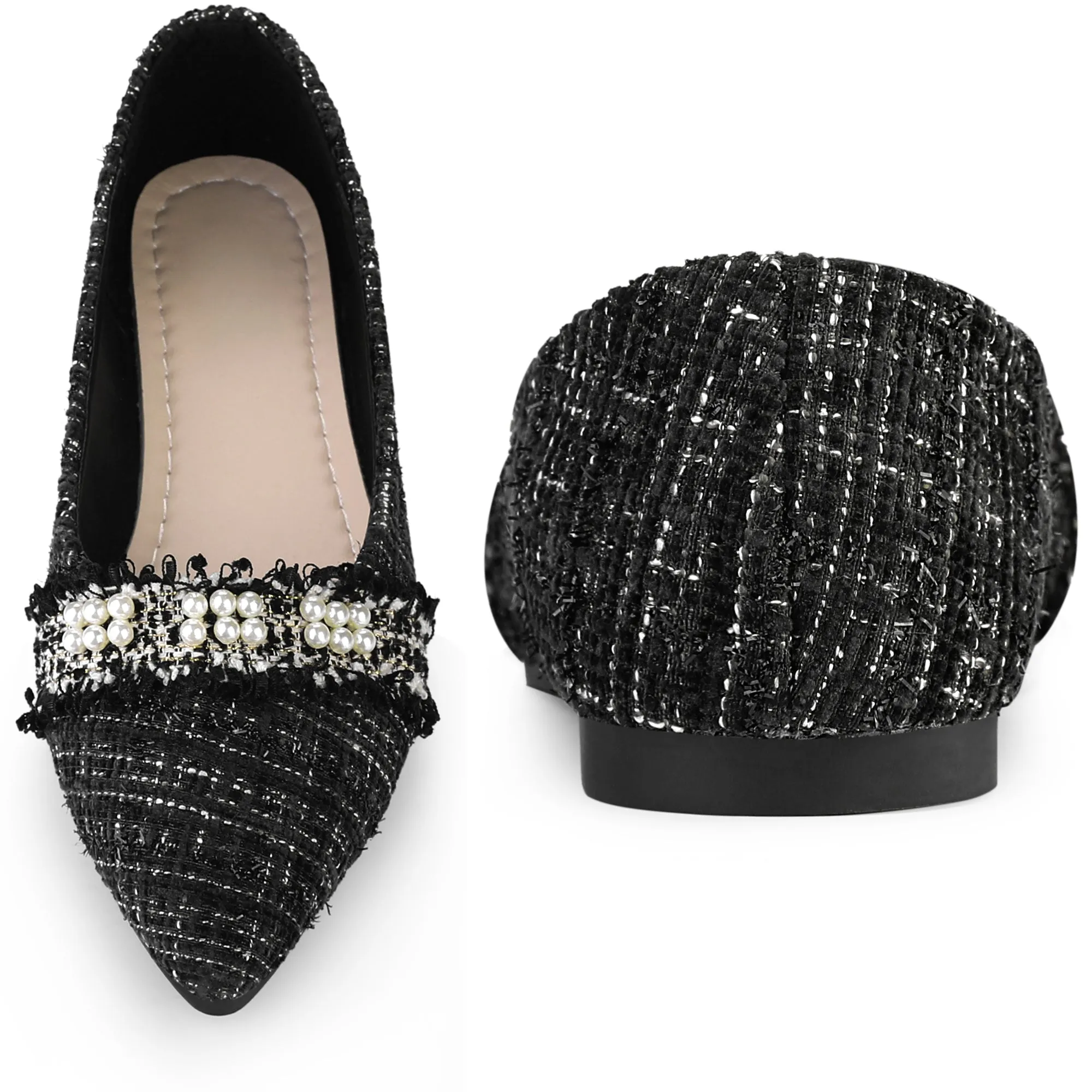Pearl Decor Pointy Toe Tweed Plaid Flat Pumps for Women