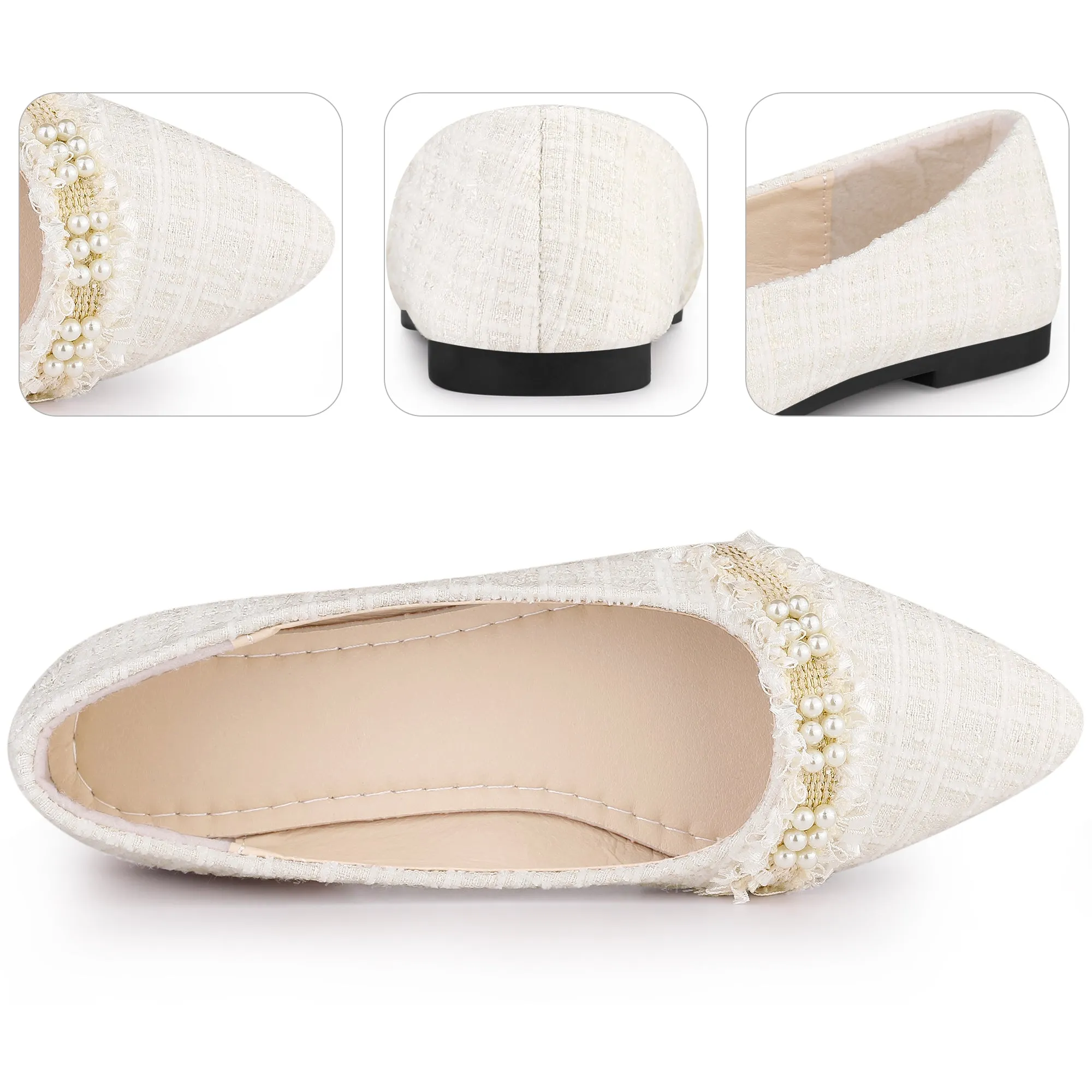 Pearl Decor Pointy Toe Tweed Plaid Flat Pumps for Women