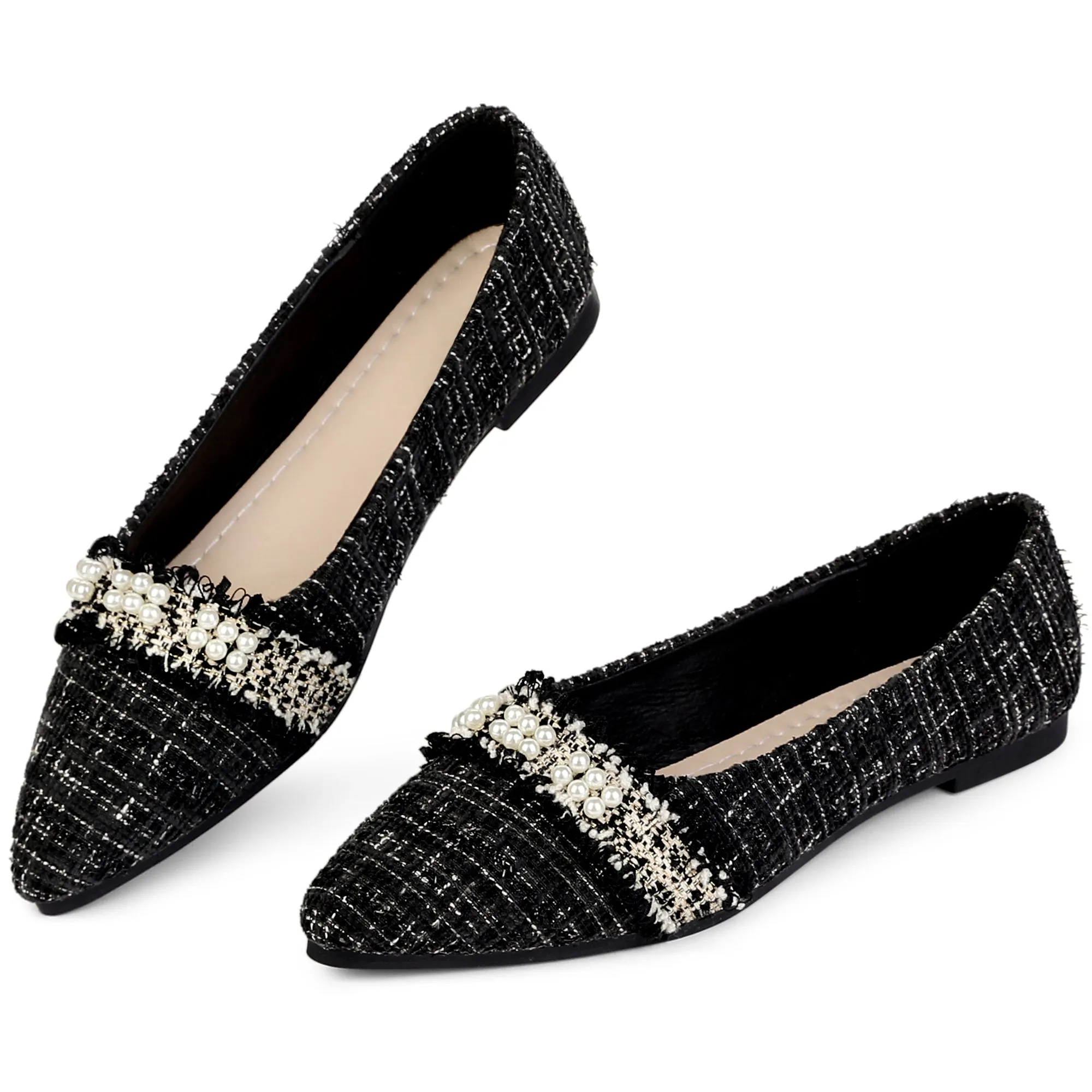 Pearl Decor Pointy Toe Tweed Plaid Flat Pumps for Women